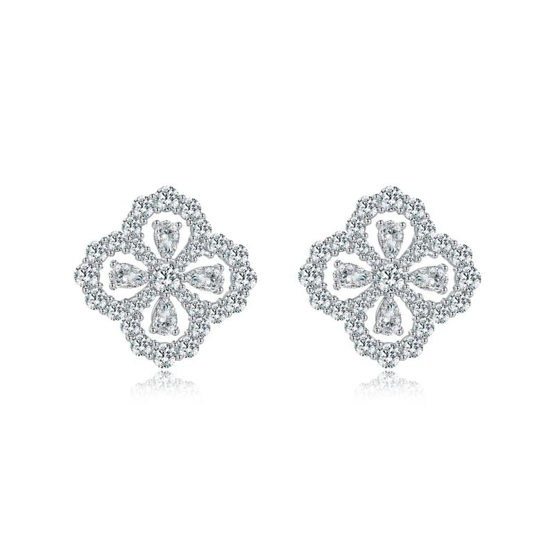 

Four Leaf Clover Stud Earrings Real 925 Silver Sparkling Full High Carbon Diamond Hollow Earring For Women Fine Jewelry Gift