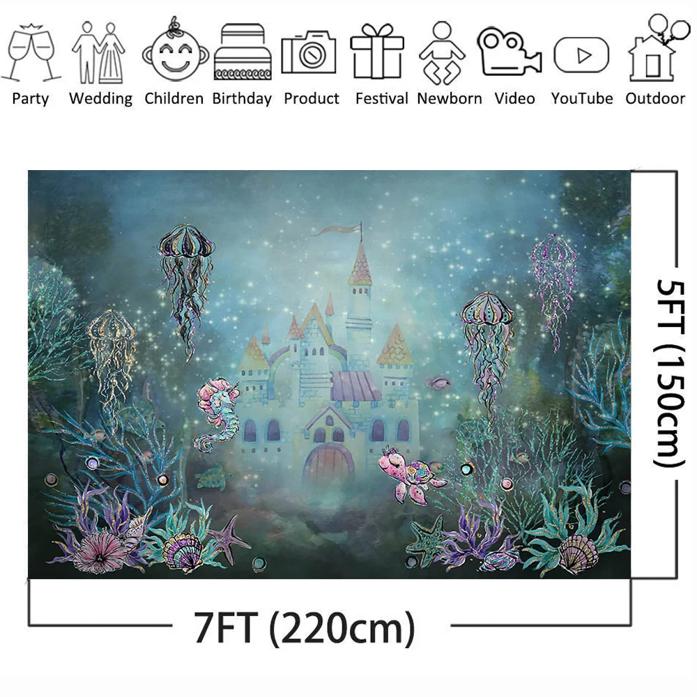 Mermaid Castle Newborn Baby Birthday Backdrop Underwater World Fairy Tale Background Coral Jellyfish Sea Turtle Photocall | Электроника