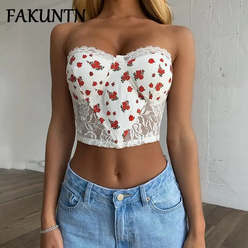 

Women's Floral Tube Top Lace See-through Crop Top y2k Clothes White Corset 2021 Spring Summer Clothes for Women Sexy Tank Camis