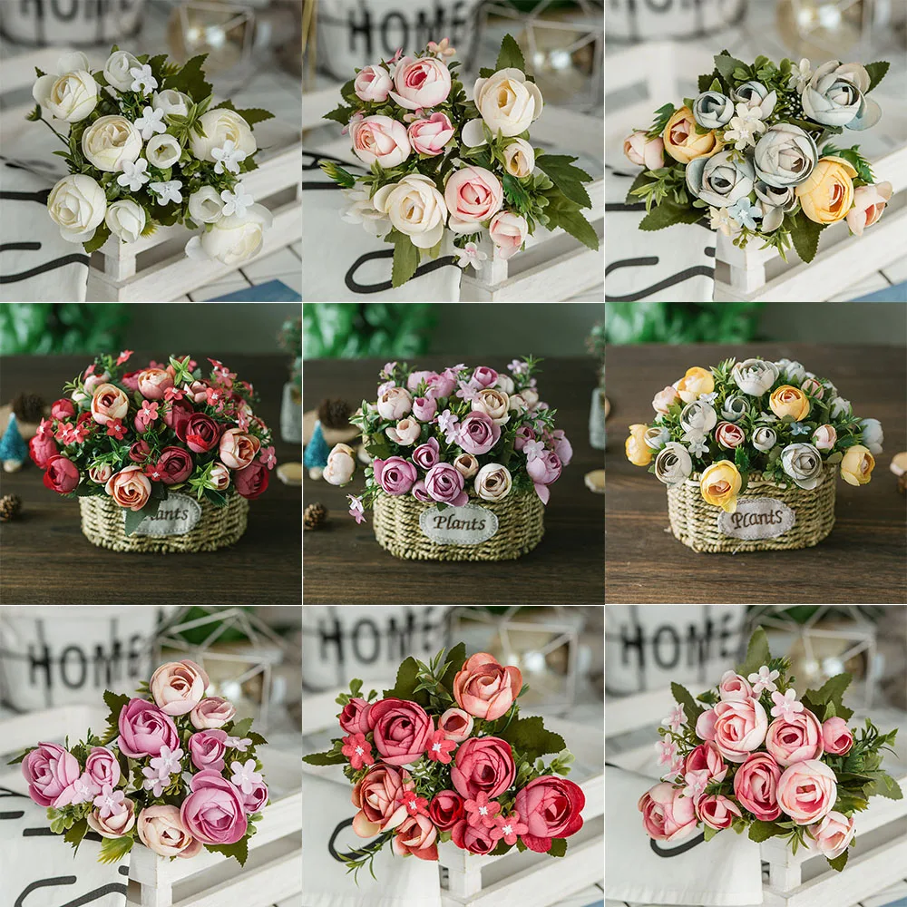 

10heads/1 bundle Silk tea roses Bride bouquet for Christmas home wedding new Year decoration fake plants artificial flowers