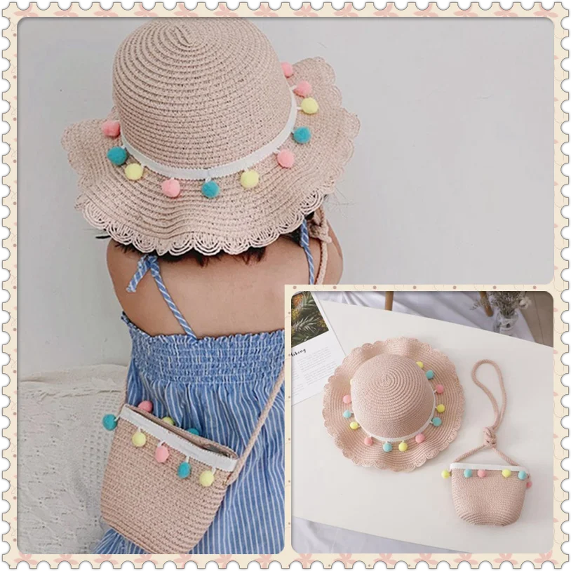 Панама соломенная для девочек детская шапка от солнца с помпоном путешествий