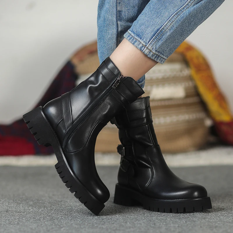 Ботинки женские из натуральной кожи на среднем каблуке Осень-зима | Обувь