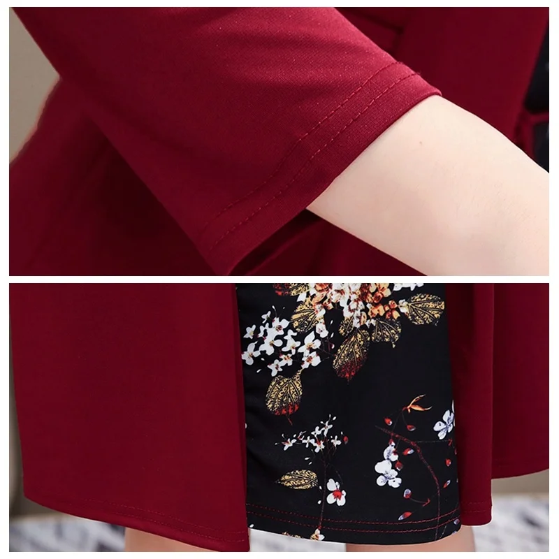 

Women casual knee-length dress plus size Long sleeve flower print spring autumn dress office lady Women loose elegant dress 0235