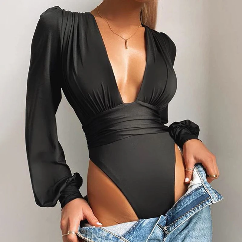 

Black Deep V Neck Bodysuit Women Sexy Puff Sleeve Bodycon Jumpsuit Solid Elastic Casual Party Winter Bodysuits Body Tops