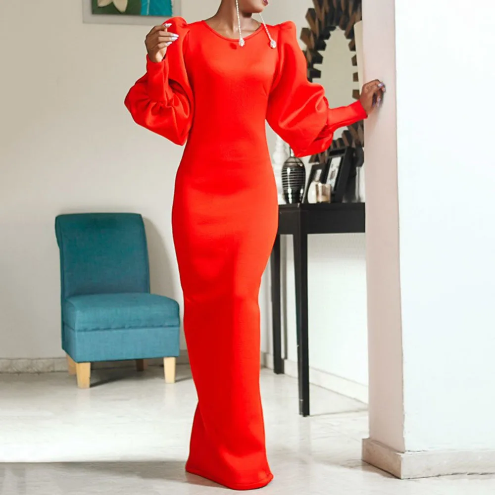 

Western Style Fashion Temperament Grace Solid Color Round Neck Puff Sleeve Women Dress 2021 Autumn Winter New Long Dress