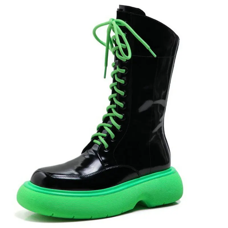 

Sianie Tianie 2021 Genuine Split Leather Green Thick Sole Plarform Flats Shoes For Women Lace-up Gothic Chic Motorcycle Boots
