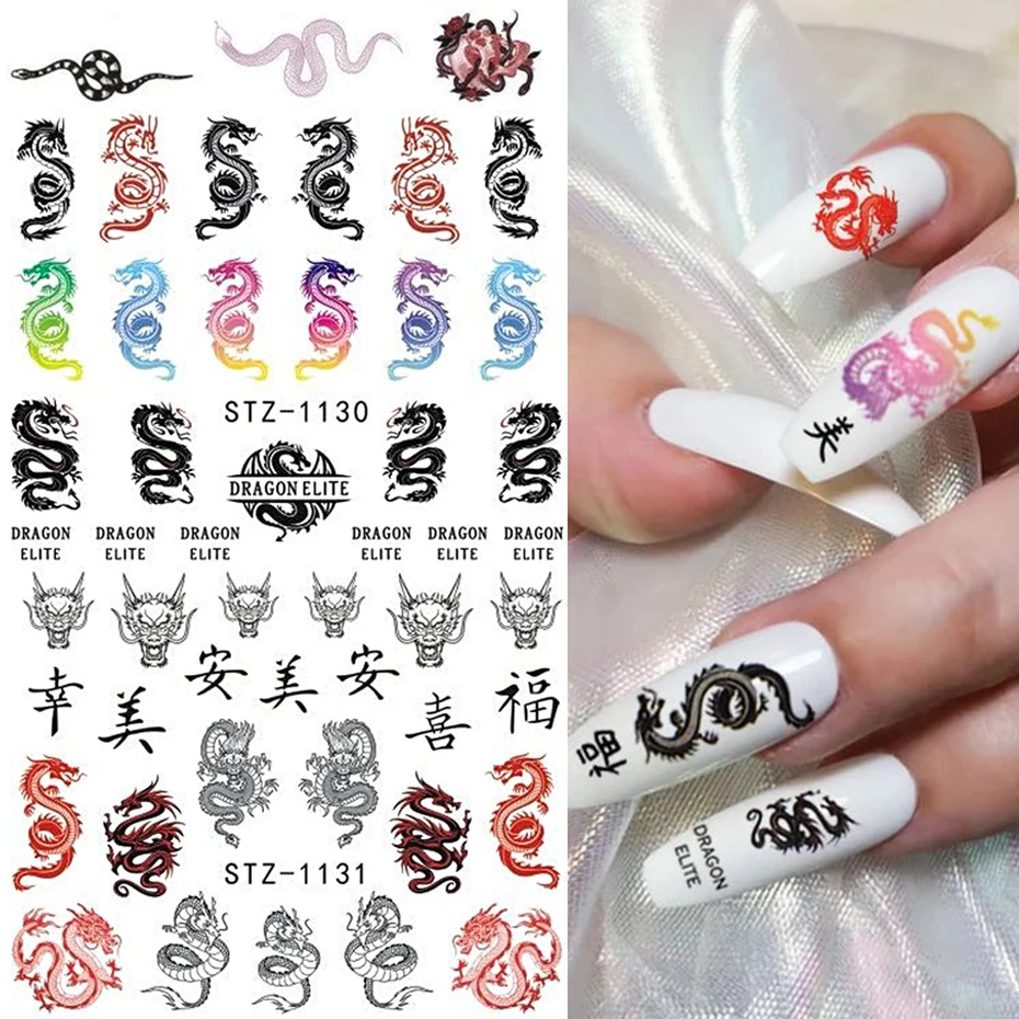 

Dragon Snake Nail Sticker Chinese Style Nail Water Transfer Slider Abstract New Year Character Decal Manicure SASTZ1114-1137-1.
