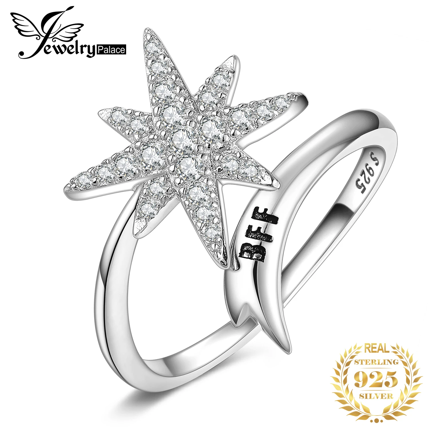 JewelryPalace Engraved BFF Snowflake Meteor Pave Cubic Zirconia Shooting Star Adjustable Open Ring 925 Sterling Silver Jewelry