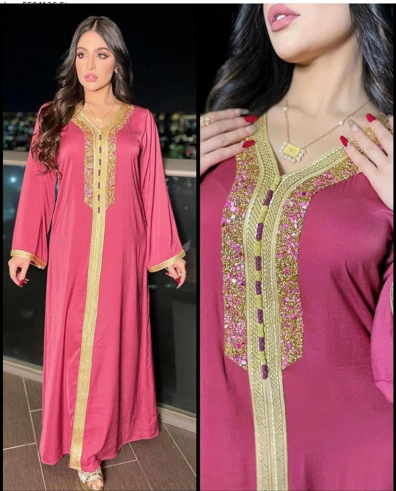 Muslim Hijab Dress for Women Pink Ramadan Eid 2021 Moroccan Kaftan Dubai Jalabiya Arabic Middle East Islamic Clothing