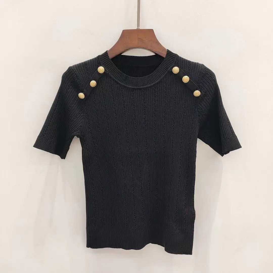 

She Beaty Knitted Sweater Pullover Women 2021 Summer Fashion Button Up Short Sleeve High Street Casual Clothes Ladies Traf Tops