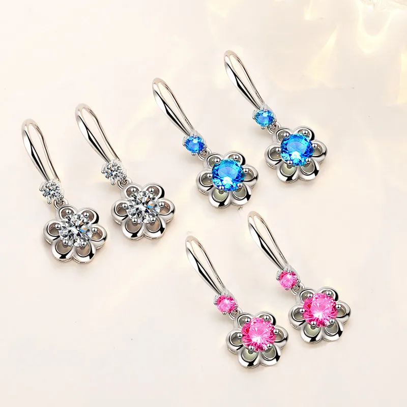 

Luxury Female Pink Blue White Stone Earrings Vintage Long Drop Wedding Earrings Small Round Flower Earrings For Women