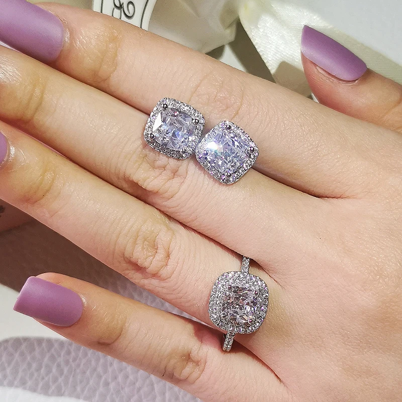 

2pcs Pack Pink Cushion Cut Real 925 Sterling Silver Jewelry Set Engagement Ring Stud Earring for Wedding Party Gift J5572 Moonso