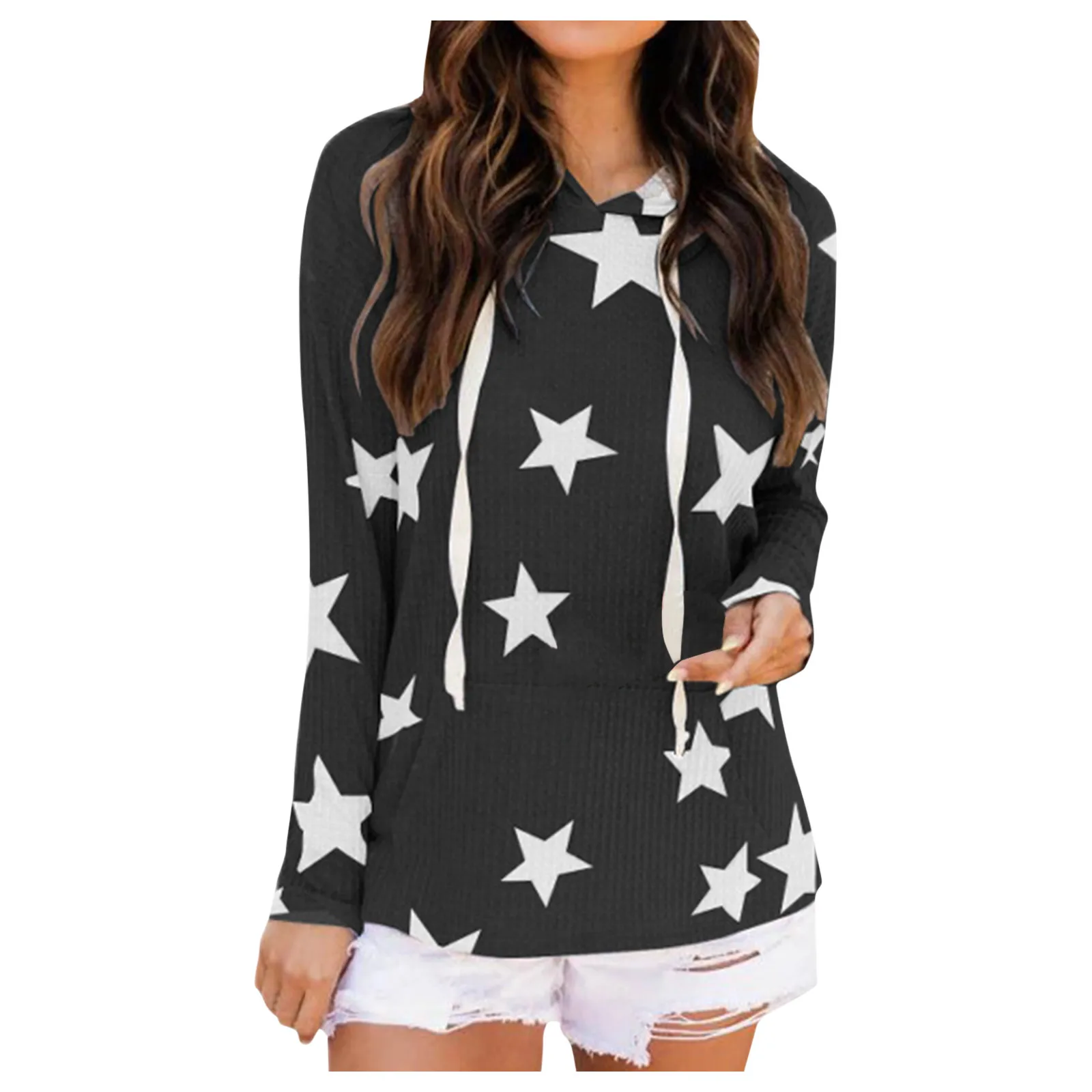 

Hoodies Women Harajuku Star Print Cotton Hoodie Clothes Female Autumn Long Sleeve Loose Drawstring Hoody Sweatshirt Kpop Tops