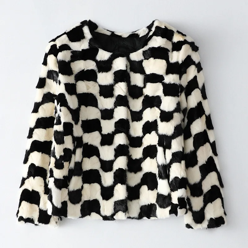 Fashion Mink Fur Parkas Women Black Short Plaid 4XL Plus Size Overcoats Round Neck Office Lady Winter Warm Femal Coats Jackets