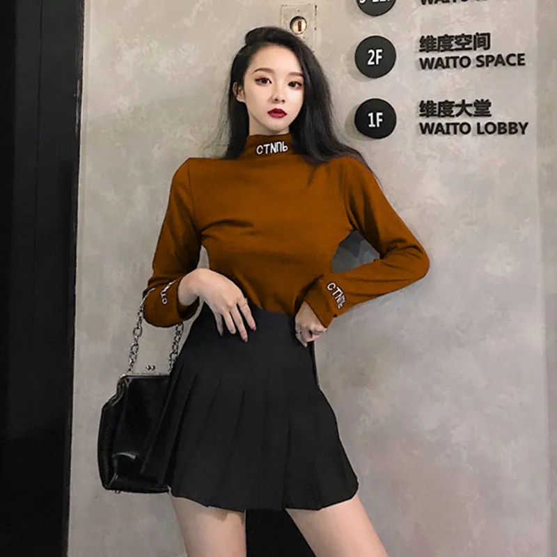 

Style Russian Neckline Embroidered T-shirt Women's Slim Half Turtleneck Long Sleeve T-shirt European and American Ins Street
