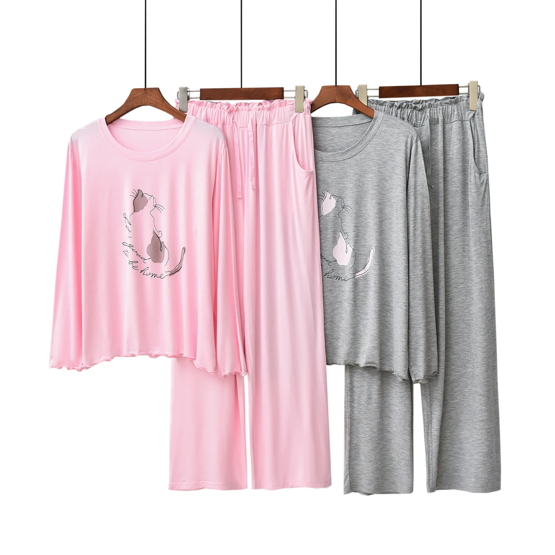 

Spring And Autumn Pajamas Female Japanese Solid Cute Cat Long-Sleeved Round Neck Women'S Pyjamas Suit Air Conditioning Suit