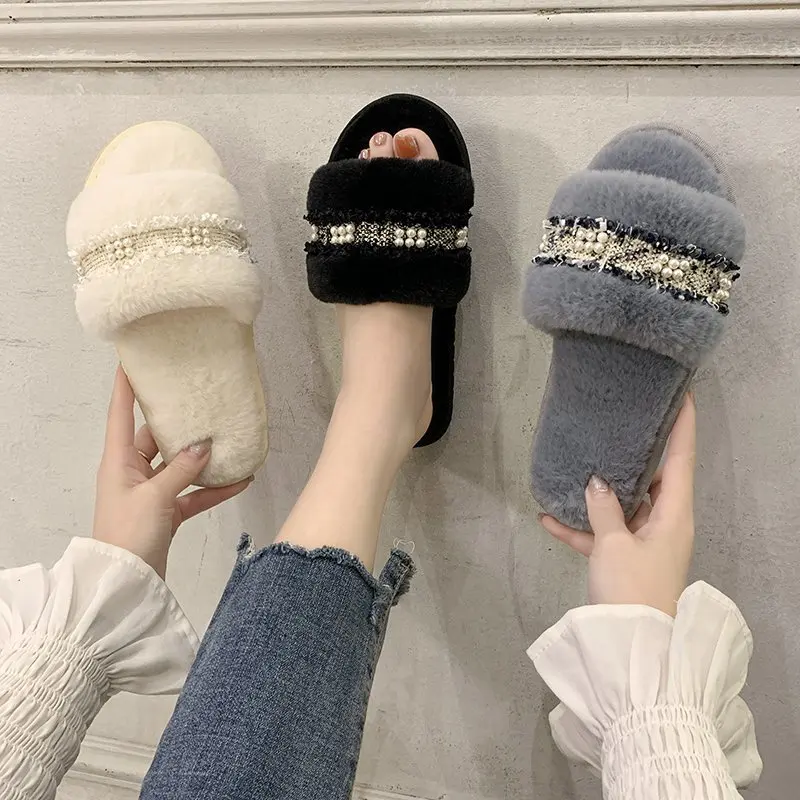 

Winter Female Fluffy Fur Slides Cute Beaded Fur Flip Flops Women's Furry Non-slip Slipper Indoor Warm Plush Sandals Ladies Shoes