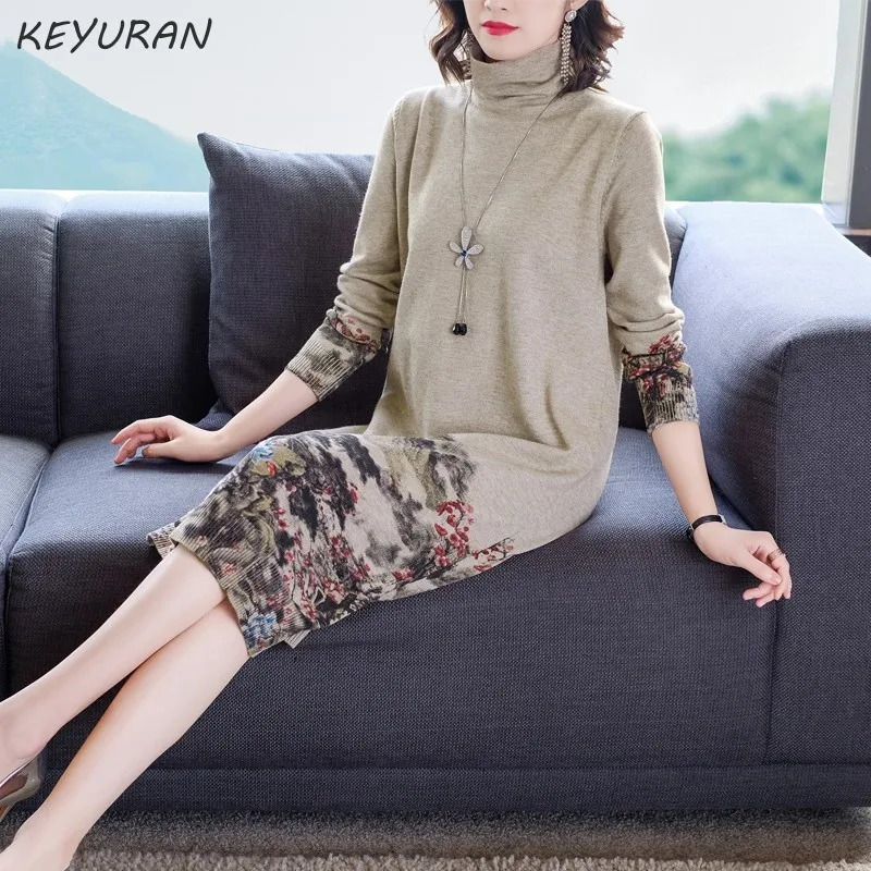 2019 осень зима новый корейский Печатный женский длинный свитер платье свободный