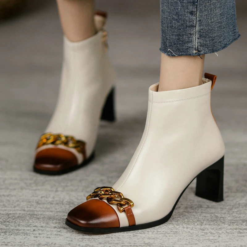 

Female Genuine Leather Autumn Winter Women Ankle Boots Office Party Casual High Heels Square Toe metal chain Shoes Woman
