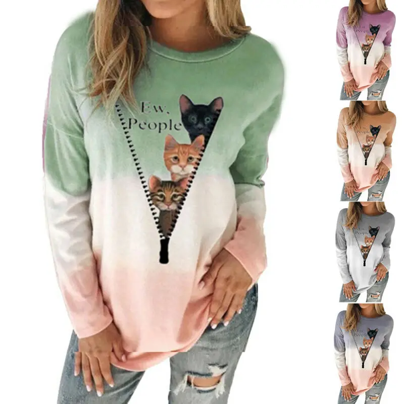 

Women Gradient Cat Print Long Sleeve T-Shirt Blouse Tunic Casual Loose Tee Tops