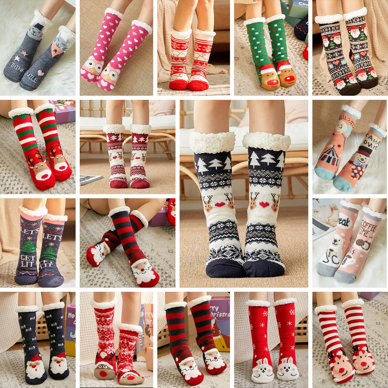

Women Slipper Socks Santa Deer Thick Fleece Lining Knit Animal Anti-slip Christmas Stockings Warm Cozy Fuzzy Home Socks