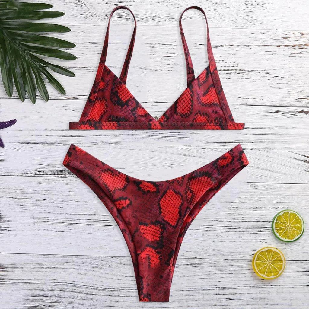 Vest Snake Printed Skin High Cut V Neck Thong Bikini Halter Two Pieces Monokini Swimwear Brazilian Push-Up Pad Beach Swimsuit#// | Женская