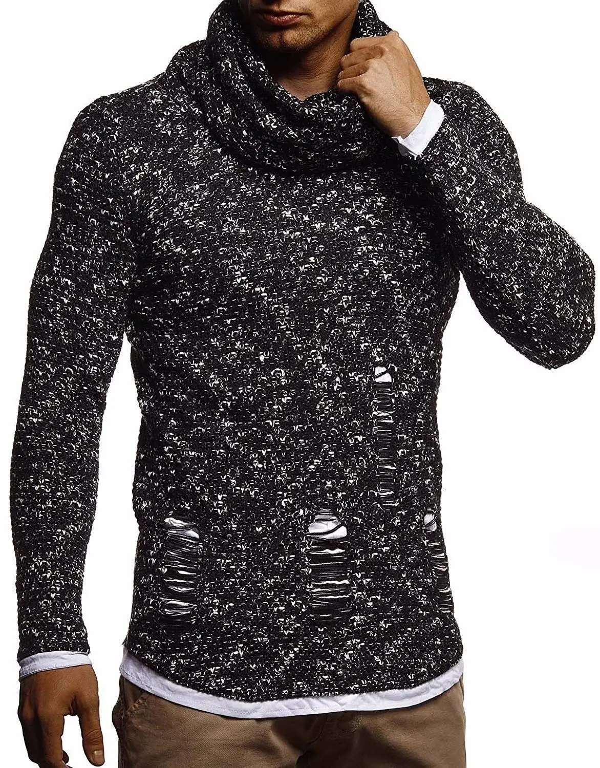 

Men's fashion pile neck T-shirt sweater fashion hole knitting 7981-p60
