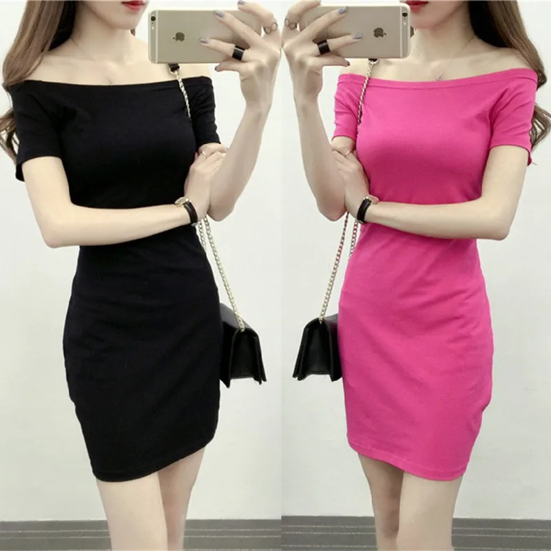 

2020 Summer Dress Mid-Long Word collar Strapless Women Sundress Short sleeve Solid color Cotton Hip Slim Sexy Dresses Vestidos