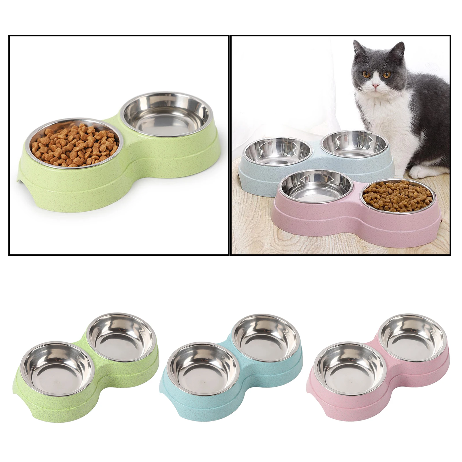 

Double Bowl Cat Bowl Mat Twin Dish Water Food Station Bowl Feeding Supplies