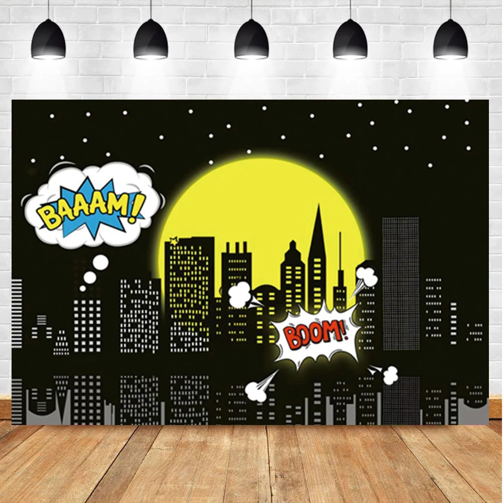 

Laeacco Night City Building Boom Background Cover Decor Kids Customize Superhero Birthday Photographic Photo Backdrop For Photo