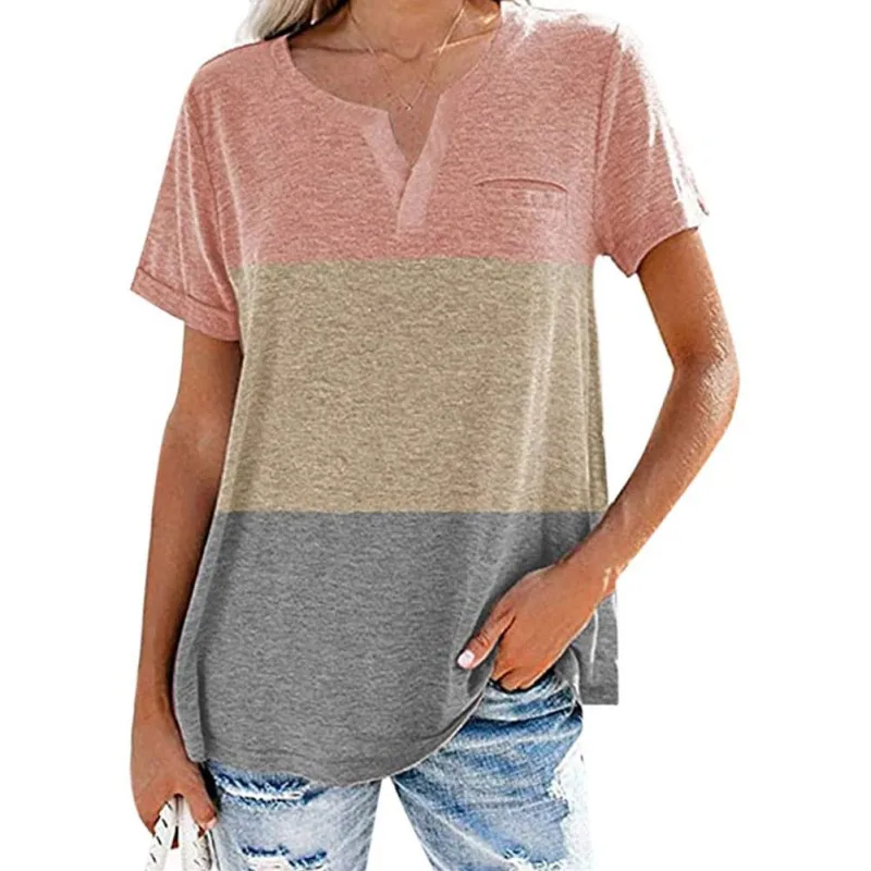 

Summer New Women Tops V-Neck Three Color Matching Pocket Casual Loose Short Sleeve T-Shirt
