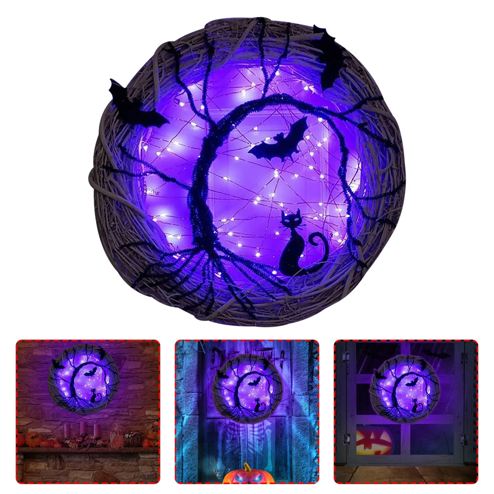 

Halloween Wreath For Front Door Horror Party Garland Bat Wreath With Light Decorative Boards Ghost's Day Holiday Hanging Ornamen