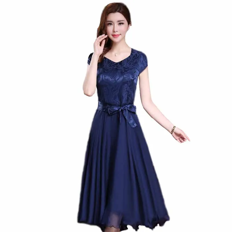 

Летние женские шелковые платья, новые модные повседневные офисные платья, женское длинное свободное платье с коротким рукавом и V-образным ...