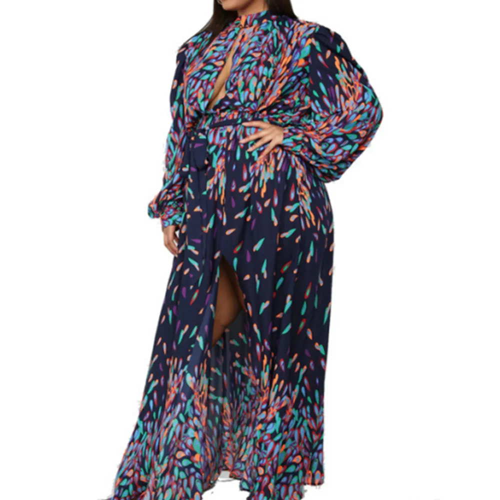 

2021 Summer Fashion Unique Sexy Loose Large Size Open Chest Slit Print Casual Women's Dresses