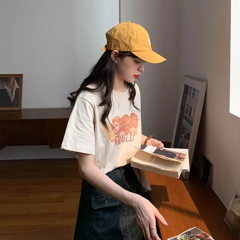 

3 colors 2020 summer korean style cartoon print short sleeve crop top for womens t-shirts womens tee shirt femme (X1310)