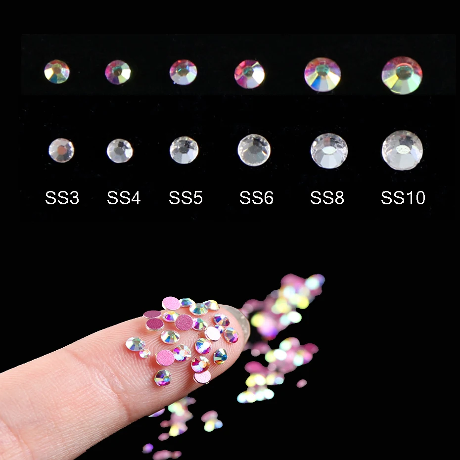 1440 шт Сияющие смешанные размеры Diamonds бриллианты для ногтей 3D Хрустальная с плоской стороной художественное украшение Белое золото AB дизайн ногтя маникюрные LY1049