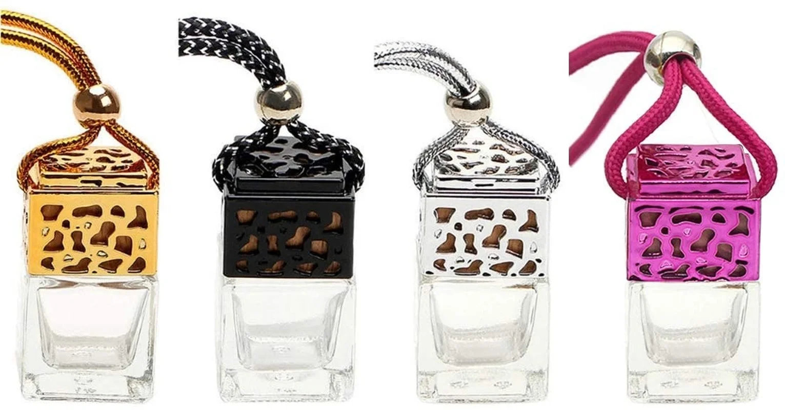 

4 Pcs 8ml Car Hanging Perfume Diffuser Empty Clear Glass Square Car Air Freshener Essential Oil Fragrance Pendant Bottle Vials