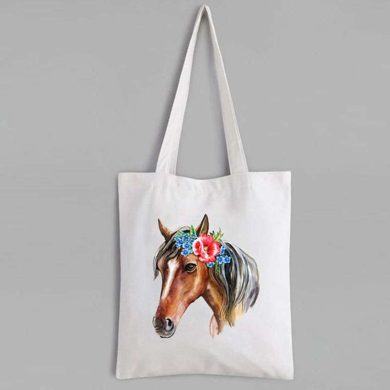 

Watercolor Horse Clipart with Flowers Canvas Tote Bag Horse Art Cute Bags Eco Friendly Animal Prints Reusable Bag Designer Cute