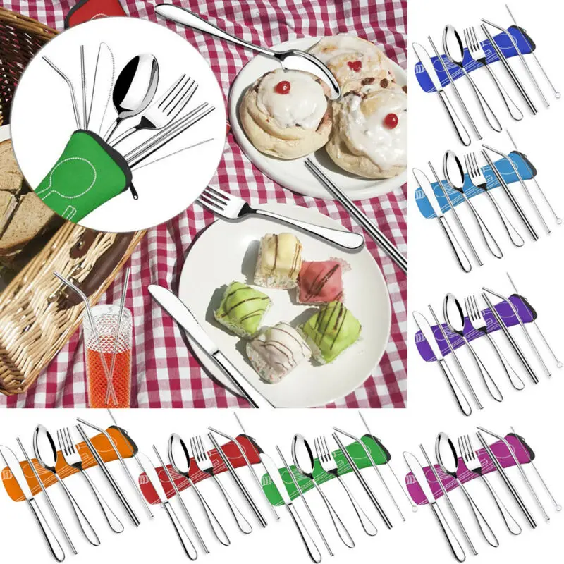 

Portable Reusable Tableware Dinnerware Set Spoon Fork Chopsticks Metal Straw Stainless Steel