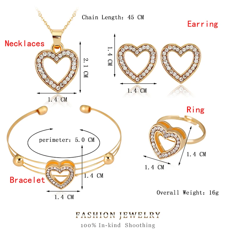 

4pcs Heart Shaped Bracelet Neclace Earrings Sets Jewelry Crystal Lovely Gold Color Jewelry Sets For Women Girl