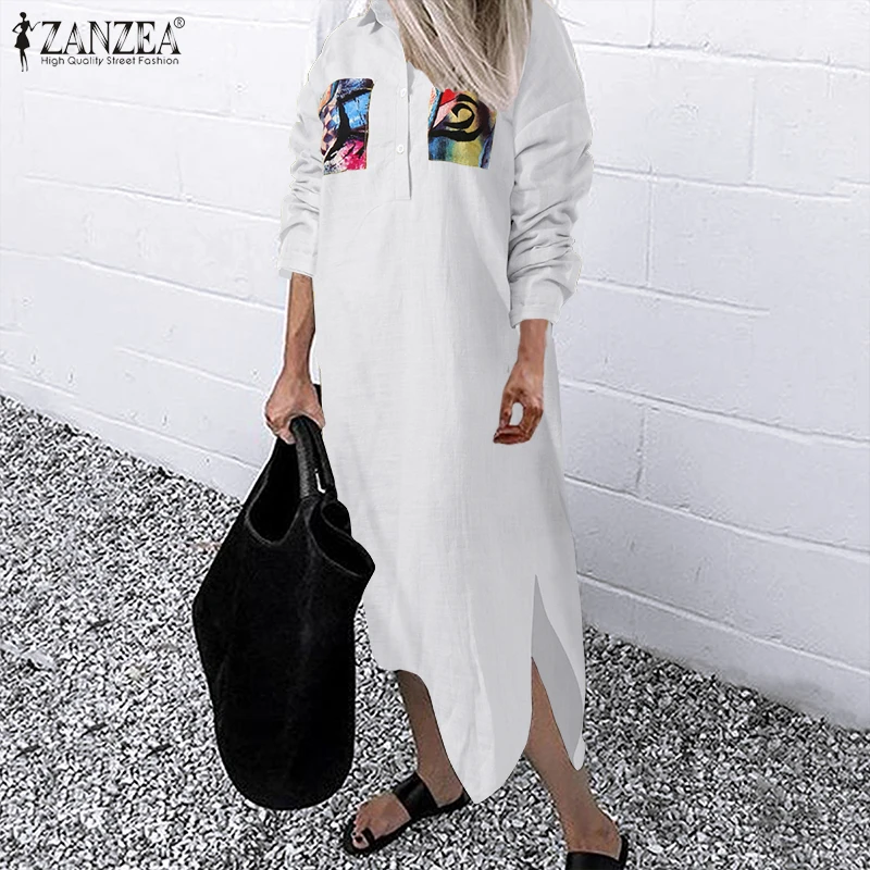 Женский хлопковый сарафан ZANZEA однотонное длинное платье рубашка с отложным