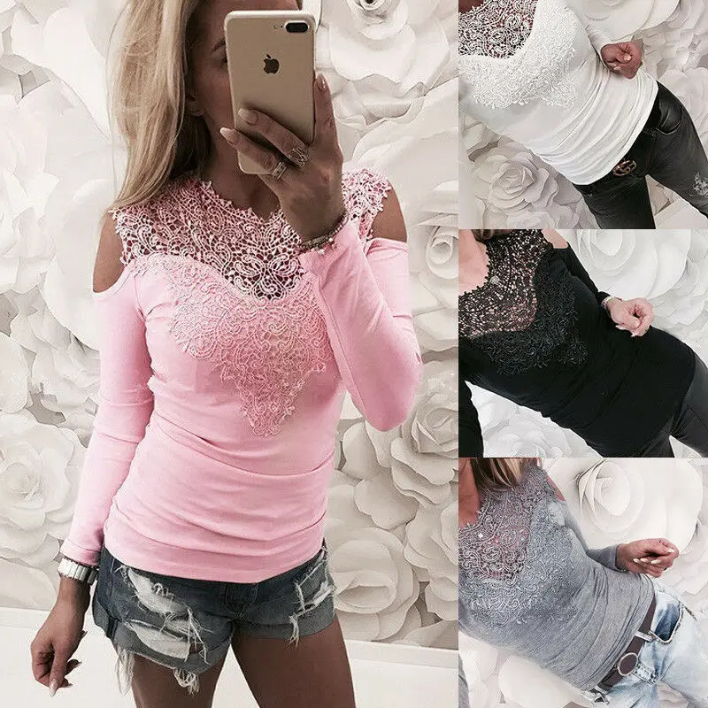 Женский кружевной топ с круглым вырезом длинным рукавом и открытыми плечами 4