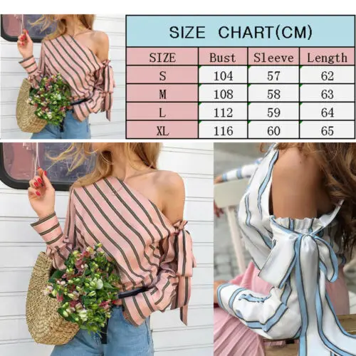 

Hot Sale Fashion Women Casual Loose Long Sleeve Shirt Tops Summer Striped Sexy Off Shoulder Blouse Bowknot Blouses
