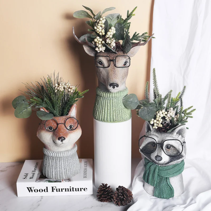 Florero de resina con forma de b&uacute;ho y ciervo para decoraci&oacute;n del hogar, maceta con forma de Animal, maceta de flores, adornos suaves, artesan&iacute;as de escritorio N&oacute;rdicas-1