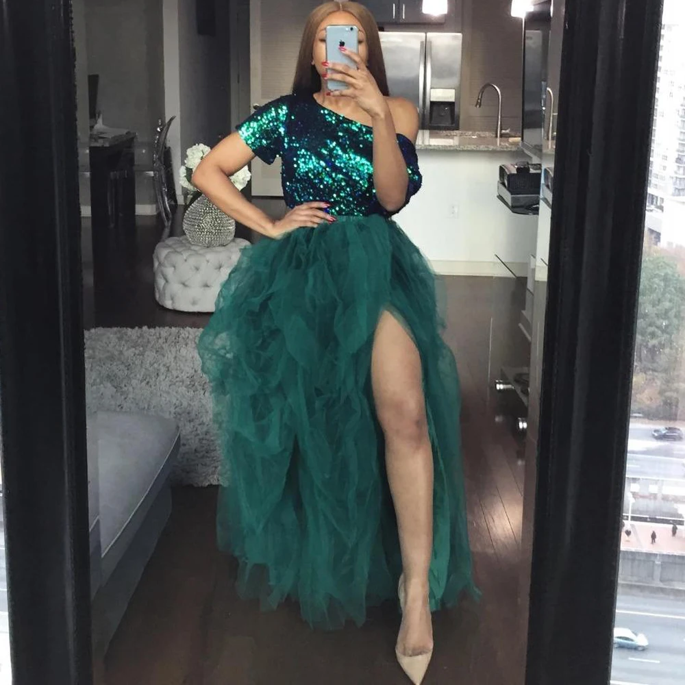 

Prom dresses 2020 with sleeve for women plus size tulle sequin sexy split side formal night party gowns floor length elegant