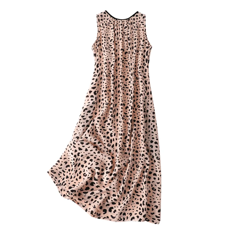 

Women's 100% Pure 16mm Silk round neck sleeve Long Midi Dress fashion pink leopards belted back with pockets L1002