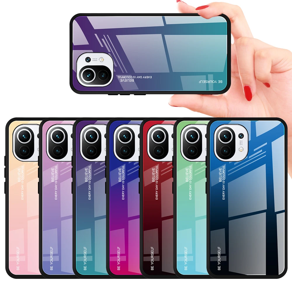 

Gradient Painted Tempered Glass Phone Case For Xiaomi Mi 11 10 Ultra Note 10 Pro 10T Lite 9 9T CC9 Pro Cover Silicone Frame Case