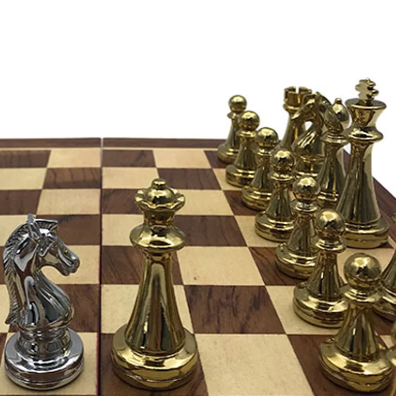 

Easytoday Metal Glossy Golden and Silver Chess Pieces Solid Wooden Folding Chess Board High Grade Professional Chess Games Set