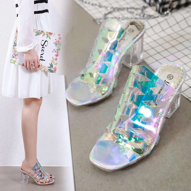

Zar a Woman 2021 Shoes Spring Summer New Fashion Transparent Slippers 9CM Thick High Heels Sandals Women Luxury Brand Plus Size