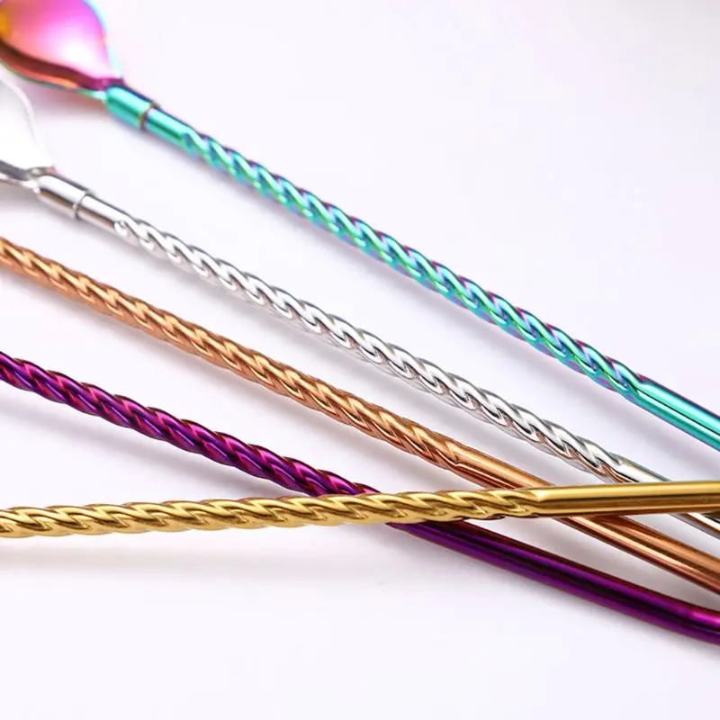 

7pcs Stainless Steel Long Twisted Straw Spoon Stirring Scoop Reusable Bar Tool 37MF